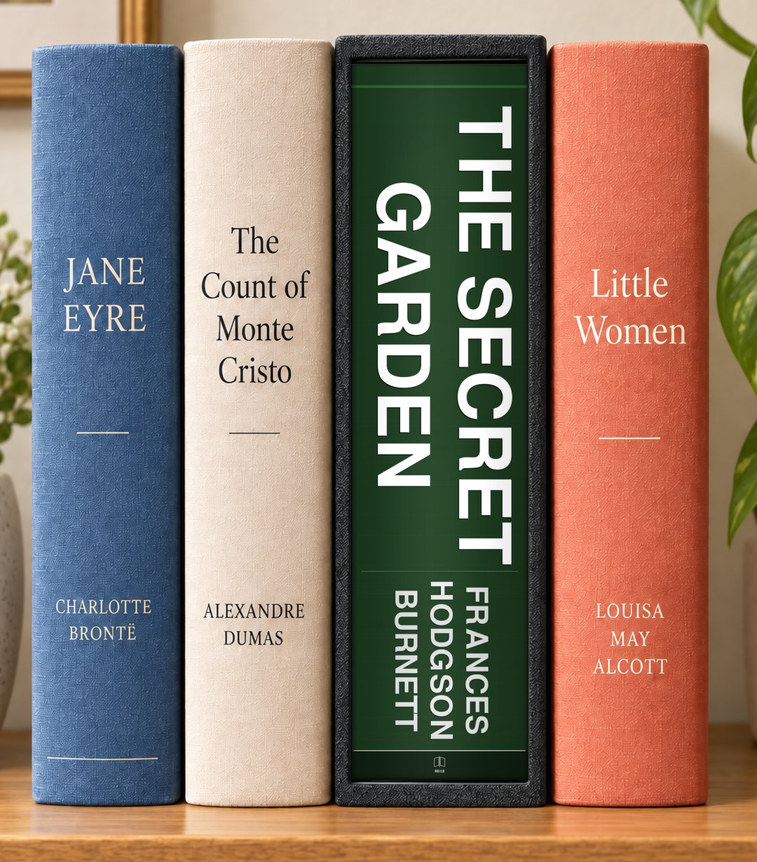 A Redefined Spines product concept displaying The Secret Garden among books on a light wood shelf.
